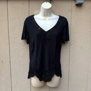 Vintage K Studio Black Beaded Formal Blouse  Shirt Women’s 10 Floral Shiny